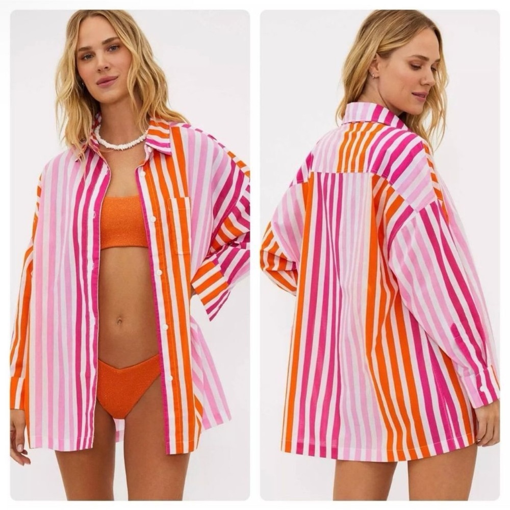 Beach Riot Alexa Sunset Stripes Buttondown Shirt Coverup Size Large XL